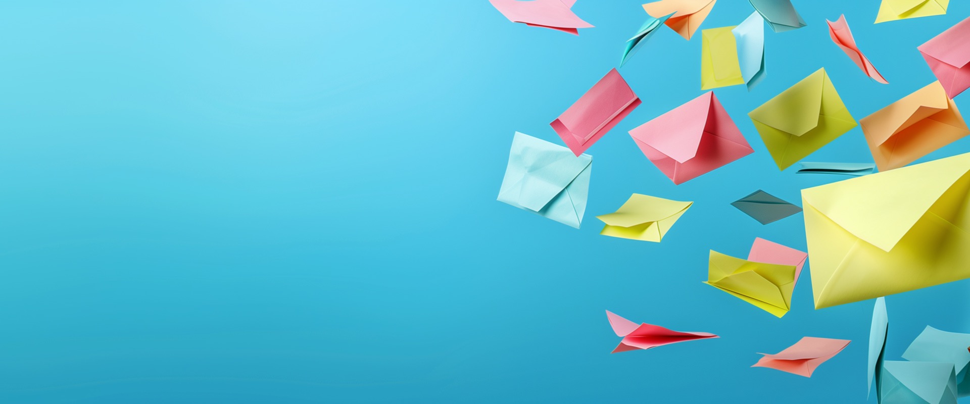 Colorful flying envelopes on a bright blue background