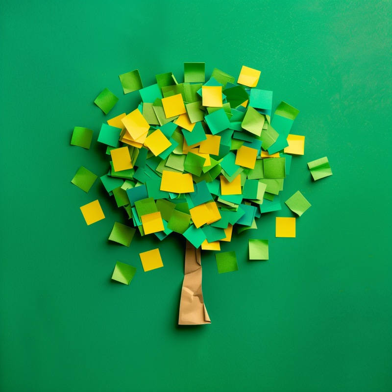 Colorful tree made of paper on a bright green background