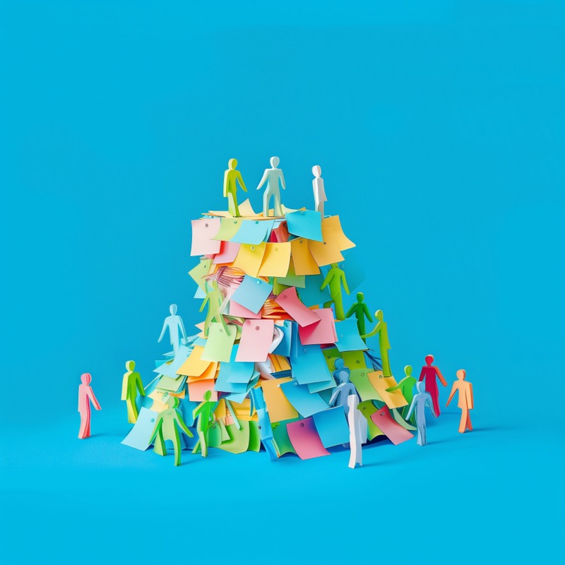 Colorful paper stick with people on a bright blue background