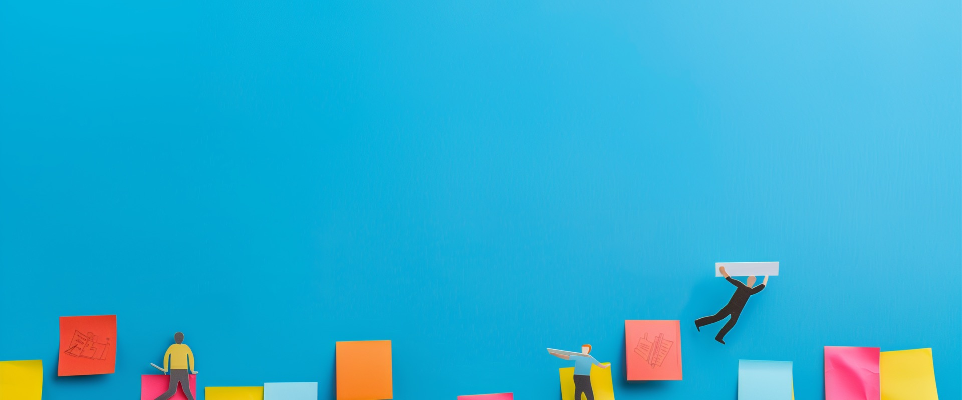 Colorful post its carried by people on a bright blue background